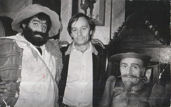 М. Кикалейшвили (Санчо), А. Эристави и К. Кавсадзе (Дон Кихот) на съемках фильма «Дон Кихот»