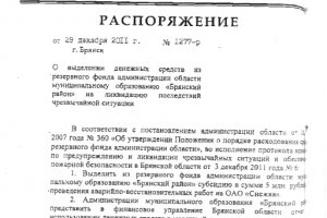 Копия распоряжения о выделении 5 млн. рублей для ОАО «Снежка»